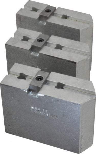 Abbott Workholding Products - 8" & Up Chuck Capacity, Tongue & Groove Attachment, Square Soft Lathe Chuck Jaw - 3 Jaws, Aluminum, 1-3/4" Btw Mount Hole Ctrs, 4" Long x 1-1/2" Wide x 3" High, 5/16" Groove, 3/8" Fastener - Top Tool & Supply