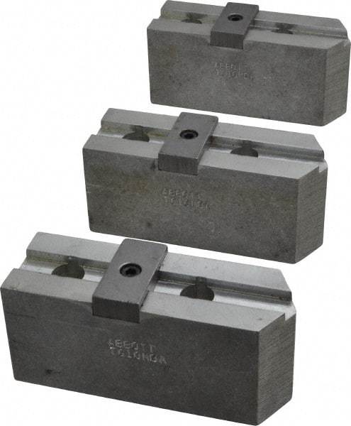 Abbott Workholding Products - 10" & Up Chuck Capacity, Tongue & Groove Attachment, Square Soft Lathe Chuck Jaw - 3 Jaws, Aluminum, 2-1/8" Btw Mount Hole Ctrs, 4-1/2" Long x 1-1/2" Wide x 2" High, 1/2" Groove, 1/2" Fastener - Top Tool & Supply