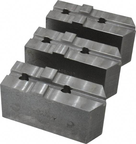 Abbott Workholding Products - 8" & Up Chuck Capacity, Tongue & Groove Attachment, Square Soft Lathe Chuck Jaw - 3 Jaws, Steel, 1-3/4" Btw Mount Hole Ctrs, 4" Long x 1-1/2" Wide x 2" High, 5/16" Groove, 3/8" Fastener - Top Tool & Supply