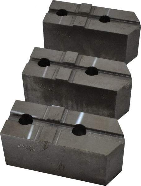 Abbott Workholding Products - 15 to 18" Chuck Capacity, Tongue & Groove Attachment, Square Soft Lathe Chuck Jaw - 3 Jaws, Steel, 3" Btw Mount Hole Ctrs, 6-1/2" Long x 2-1/2" Wide x 3" High, 1/2" Groove, 3/4" Fastener - Top Tool & Supply