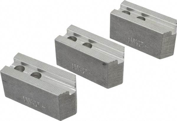 Abbott Workholding Products - 6" & Up Chuck Capacity, 1.5mm x 60° Serrated Attachment, Square Soft Lathe Chuck Jaw - 3 Jaws, Aluminum, 0.7874" Btw Mount Hole Ctrs, 3" Long x 1-1/4" Wide x 1-1/2" High, 0.4724" Groove, 0.3937" & 10mm Fastener - Top Tool & Supply