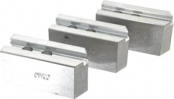 Abbott Workholding Products - 8" & Up Chuck Capacity, 1.5mm x 60° Serrated Attachment, Square Soft Lathe Chuck Jaw - 3 Jaws, Aluminum, 63/64" Btw Mount Hole Ctrs, 4" Long x 1-1/2" Wide x 2" High, 0.5512" Groove, 0.4724" & 12mm Fastener - Top Tool & Supply