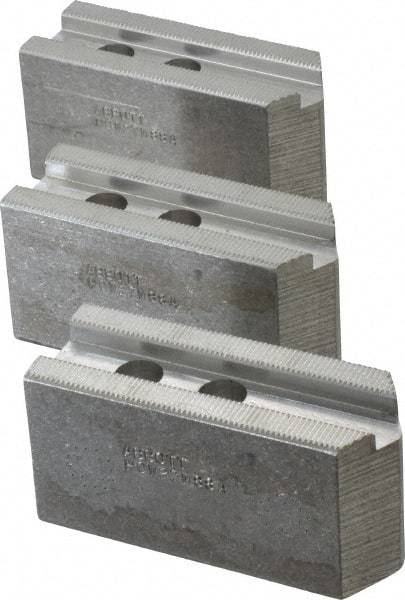 Abbott Workholding Products - 8" & Up Chuck Capacity, 1.5mm x 60° Serrated Attachment, Square Soft Lathe Chuck Jaw - 3 Jaws, Aluminum, 63/64" Btw Mount Hole Ctrs, 4" Long x 1-1/2" Wide x 2" High, 0.6299" Groove, 0.4724" & 12mm Fastener - Top Tool & Supply