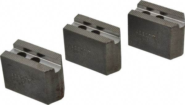 Abbott Workholding Products - 4" & Up Chuck Capacity, 1.5mm x 60° Serrated Attachment, Square Soft Lathe Chuck Jaw - 3 Jaws, Steel, 0.5512" Btw Mount Hole Ctrs, 2" Long x 1" Wide x 1-1/2" High, 0.3937" Groove, 0.315" & 8mm Fastener - Top Tool & Supply