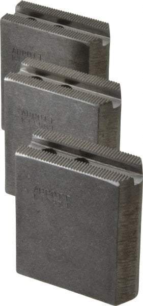 Abbott Workholding Products - 5" & Up Chuck Capacity, 1.5mm x 60° Serrated Attachment, Square Soft Lathe Chuck Jaw - 3 Jaws, Steel, 0.7087" Btw Mount Hole Ctrs, 2-1/2" Long x 1" Wide x 3" High, 0.3937" Groove, 0.315" & 8mm Fastener - Top Tool & Supply