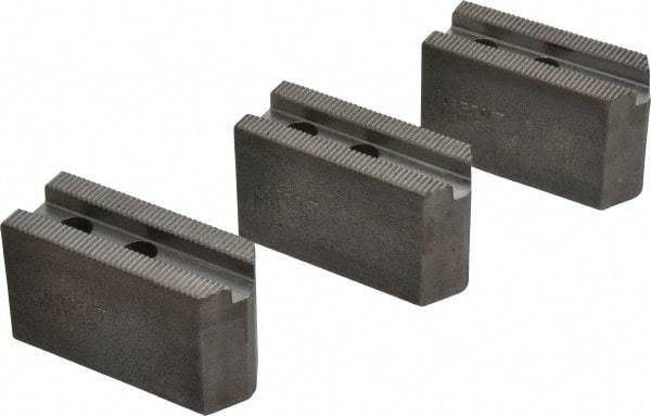 Abbott Workholding Products - 5" & Up Chuck Capacity, 1.5mm x 60° Serrated Attachment, Square Soft Lathe Chuck Jaw - 3 Jaws, Steel, 3/4" Btw Mount Hole Ctrs, 2-1/2" Long x 1" Wide x 1-1/2" High, 0.3937" Groove, 0.315" & 8mm Fastener - Top Tool & Supply