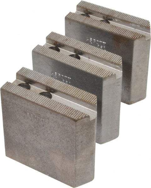 Abbott Workholding Products - 6" & Up Chuck Capacity, 1.5mm x 60° Serrated Attachment, Square Soft Lathe Chuck Jaw - 3 Jaws, Steel, 0.7874" Btw Mount Hole Ctrs, 3" Long x 1-1/4" Wide x 3" High, 0.4331" Groove, 0.3937" & 10mm Fastener - Top Tool & Supply