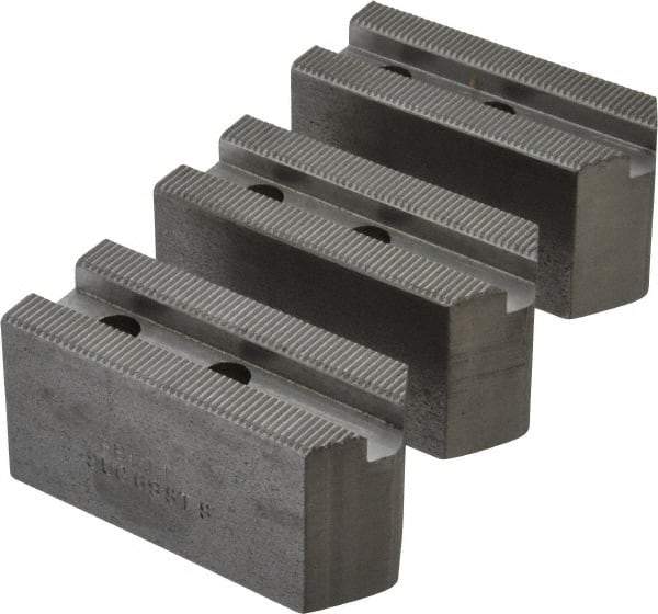 Abbott Workholding Products - 6" & Up Chuck Capacity, 1.5mm x 60° Serrated Attachment, Square Soft Lathe Chuck Jaw - 3 Jaws, Steel, 63/64" Btw Mount Hole Ctrs, 3" Long x 1-1/4" Wide x 1-1/2" High, 0.4331" Groove, 0.315" & 8mm Fastener - Top Tool & Supply