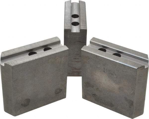 Abbott Workholding Products - 8" & Up Chuck Capacity, 1.5mm x 60° Serrated Attachment, Square Soft Lathe Chuck Jaw - 3 Jaws, Steel, 63/64" Btw Mount Hole Ctrs, 4" Long x 1-1/2" Wide x 4" High, 0.5512" Groove, 0.4724" & 12mm Fastener - Top Tool & Supply