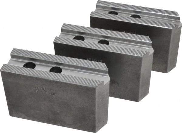 Abbott Workholding Products - 10" & Up Chuck Capacity, 1.5mm x 60° Serrated Attachment, Square Soft Lathe Chuck Jaw - 3 Jaws, Steel, 1.1811" Btw Mount Hole Ctrs, 4-1/2" Long x 1-1/2" Wide x 3" High, 0.6299" Groove, 0.4724" & 12mm Fastener - Top Tool & Supply