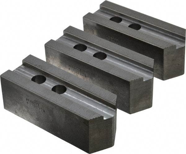 Abbott Workholding Products - 12" & Up Chuck Capacity, 1.5mm x 60° Serrated Attachment, Square Soft Lathe Chuck Jaw - 3 Jaws, Steel, 1.1811" Btw Mount Hole Ctrs, 5-1/2" Long x 2" Wide x 2" High, 0.8268" Groove, 0.6299" & 16mm Fastener - Top Tool & Supply