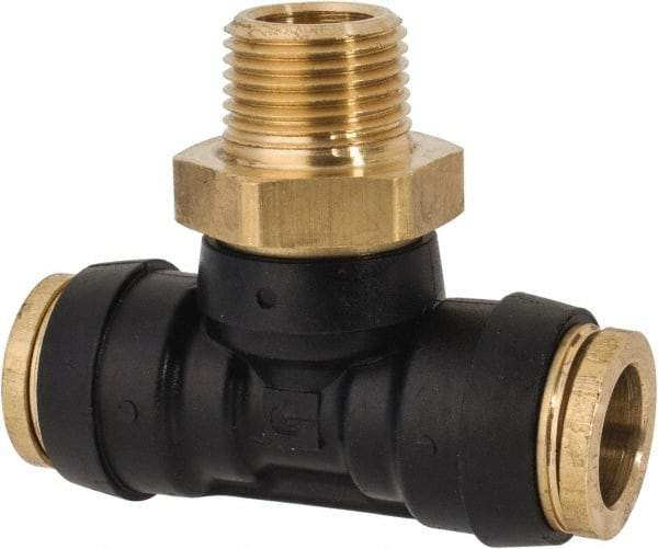 Parker - 1/2" Tube OD, 3/8 NPT Composite Push-to-Connect Tube Male Swivel Branch Tee - 250 Max psi, Tube to Male NPT Connection, Buna-N O-Ring, -40 to 200°F Working Temp - Top Tool & Supply