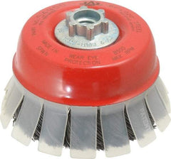 JAZ USA - 4" Diam, 5/8-11 & M14x2.00 Threaded Arbor, Steel Fill Cup Brush - 0.02 Wire Diam, 1-1/8" Trim Length, 8,500 Max RPM - Top Tool & Supply