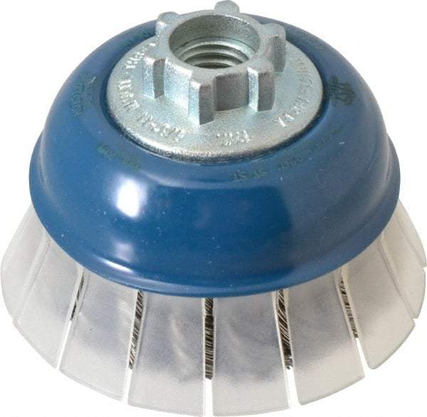 JAZ USA - 2-3/4" Diam, 5/8-11 & M14x2.00 Threaded Arbor, Stainless Steel Fill Cup Brush - 0.02 Wire Diam, 3/4" Trim Length, 15,000 Max RPM - Top Tool & Supply