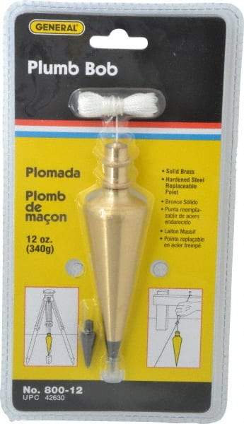 General - 5 Inch Long, 1-3/8 Inch Diameter Brass Plumb Bob - 12 Ounce, Has Replacable Tip - Top Tool & Supply