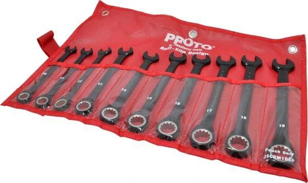 Proto - 10 Piece, 10mm to 19mm, 12 Point Combination Wrench Set - Metric Measurement Standard, Black/Chrome Finish, Comes in Pouch - Top Tool & Supply