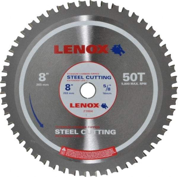 Lenox - 8" Diam, 5/8" Arbor Hole Diam, 50 Tooth Wet & Dry Cut Saw Blade - Titanium Carbide-Tipped, General Purpose Action, Standard Round Arbor - Top Tool & Supply