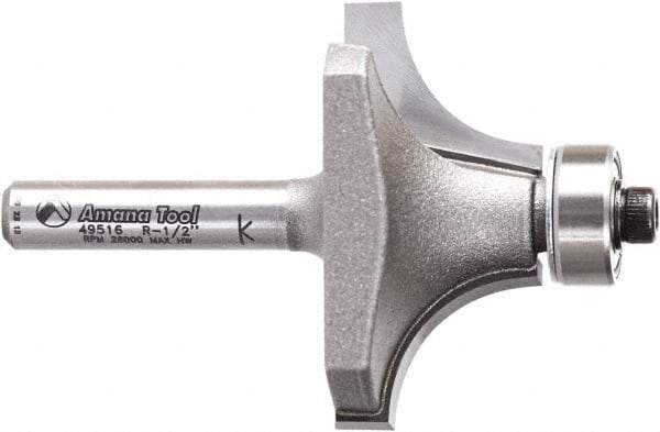 Amana Tool - 1-1/2" Cut Diam, 3/4" Length of Cut, 2 Flute Round-Over Edge Profile Router Bit - Carbide-Tipped, 1/4" Shank Diam, 2-1/4" OAL, Uncoated - Top Tool & Supply