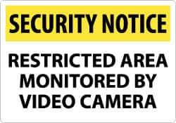 NMC - "Security Notice - Restricted Area Monitored by Video Camera", 14" Long x 20" Wide, Rigid Plastic Safety Sign - Rectangle, 0.05" Thick, Use for Security & Admittance - Top Tool & Supply