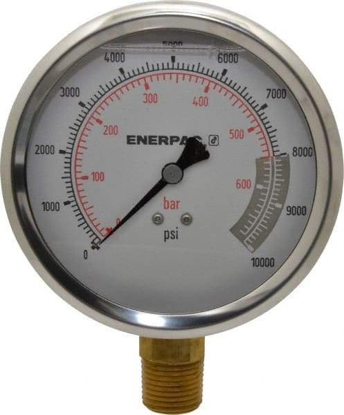 Enerpac - 0 to 10,000 psi Pressure Rating, 1/2 NPTF Gauge Connection, Hydraulic Pressure Liquid Filled Gage - 4" Face Diam - Top Tool & Supply