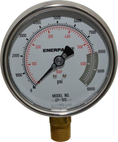 Enerpac - 0 to 10,000 psi Pressure Rating, 1/2 NPTF Gauge Connection, Hydraulic Pressure Dry Gage - 4" Face Diam - Top Tool & Supply