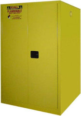 Securall Cabinets - 43" Wide x 31" Deep x 65" High, 18 Gauge Steel Vertical Drum Cabinet with 3 Point Key Lock - Yellow, Manual Closing Door, 1 Shelf, 2 Drums, Drum Rollers Included - Top Tool & Supply