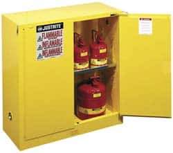 Justrite - 2 Door, 1 Shelf, Yellow Steel Standard Safety Cabinet for Flammable and Combustible Liquids - 44" High x 43" Wide x 18" Deep, Self Closing Door, 3 Point Key Lock, 30 Gal Capacity - Top Tool & Supply