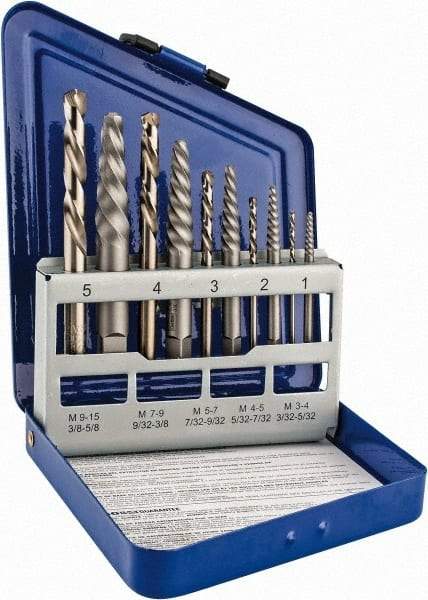 Irwin - 10 Piece Spiral Flute Screw Extractor & Drill Set - Screw Range 3/16 to 3/4" - Top Tool & Supply