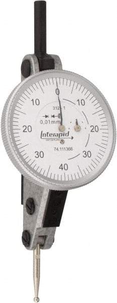 INTERAPID - 1.6 mm Range, 0.01 mm Dial Graduation, Horizontal Dial Test Indicator - 1-1/2 Inch White Dial, 0-40-0 Dial Reading - Top Tool & Supply