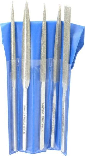 Strauss - 5 Piece Diamond Pattern File Set - 8-1/2" Long, Medium Coarseness, Set Includes Equalling, Half Round, Round, Square, Three Square - Top Tool & Supply