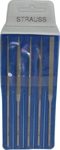 Strauss - 5 Piece Diamond Pattern File Set - 5-1/2" Long, Fine Coarseness, Round Handle, Set Includes Equalling, Half Round, Round, Square, Three Square - Top Tool & Supply