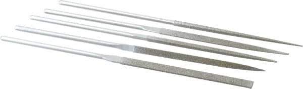 Strauss - 5 Piece Diamond Pattern File Set - 5-1/2" Long, Medium Coarseness, Round Handle, Set Includes Equalling, Half Round, Round, Square, Three Square - Top Tool & Supply