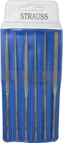 Strauss - 6 Piece Diamond Pattern File Set - 5-1/2" Long, Fine Coarseness, Round Handle, Set Includes Crossing, Equalling, Half Round, Round, Square, Three Square - Top Tool & Supply