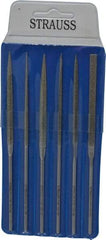 Strauss - 6 Piece Diamond Pattern File Set - 5-1/2" Long, Medium Coarseness, Round Handle, Set Includes Crossing, Equalling, Half Round, Round, Square, Three Square - Top Tool & Supply