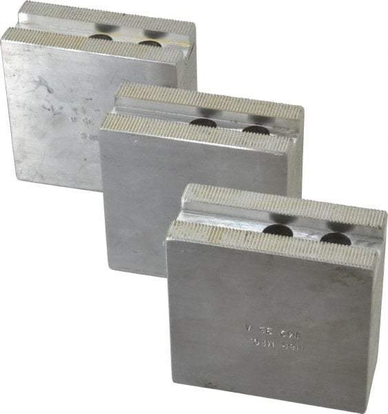 H & R Manufacturing - 8" Chuck Capacity, 1.5mm x 60° Serrated Attachment, Square Soft Lathe Chuck Jaw - 3 Jaws, Aluminum, 1" Btw Mount Hole Ctrs, 3-1/2" Long x 1-1/2" Wide x 3-1/2" High, 0.551" Groove, 12mm Fastener - Top Tool & Supply