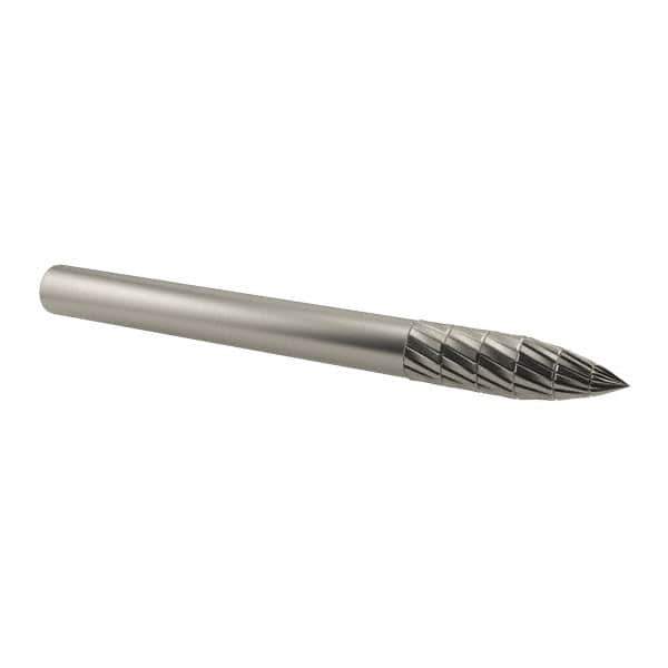 SGS Pro - 1/8" Cut Diam, 1/8" Shank Diam, Tree Head Double Cut Burr - Carbide, Point End, 3/8" LOC, 1-1/2" OAL - Top Tool & Supply