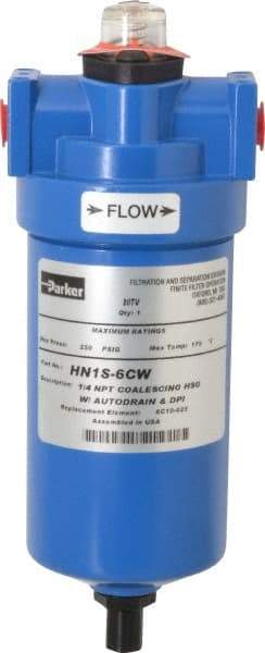 Parker - 1/4" Port, 8.8" High x 3.11" Wide, FRL Filter with Aluminum Bowl & Manual Drain - 15 SCFM, 250 Max psi, 175°F Max - Top Tool & Supply