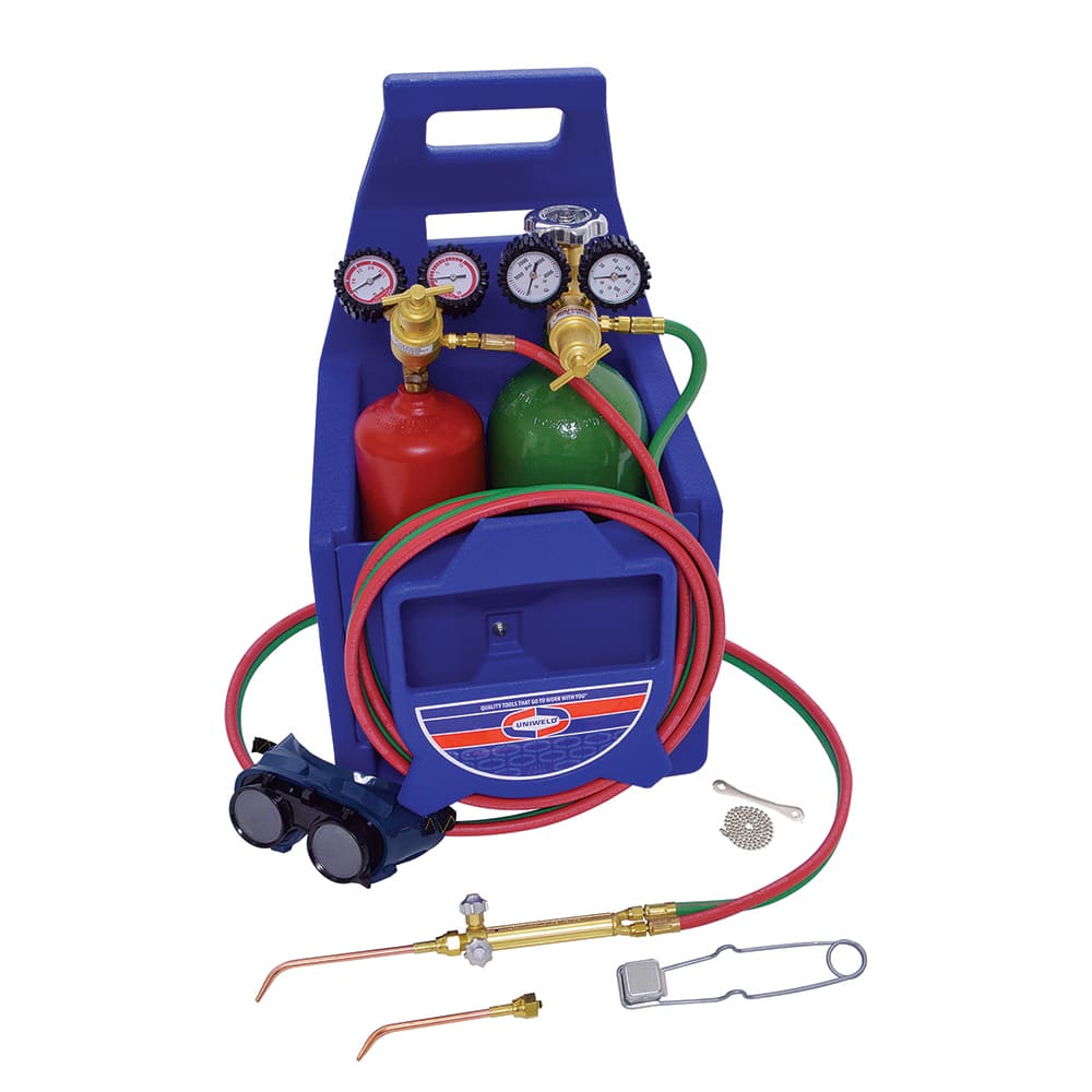 Made in USA - Oxygen/Acetylene Torch Kits; Type: Brazing & Welding Outfit ; Welding Capacity: 1/4 (Inch); Maximum Heating Capacity: 5600?F ; Contents: Welding Handle 71; Oxygen Regulator RO100; Fuel Gas Regulator RMC100; Welding Brazing Tip TYPE17-0; TYP - Exact Industrial Supply