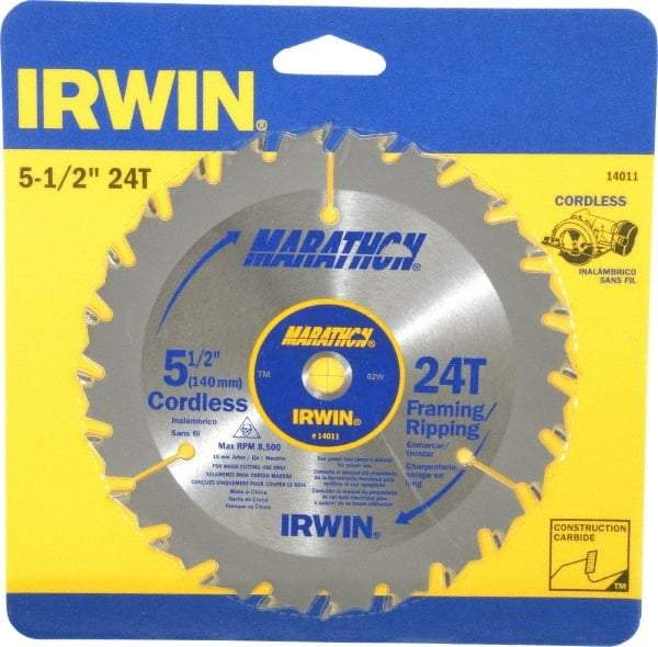 Irwin - 5-1/2" Diam, 10mm Arbor Hole Diam, 24 Tooth Wet & Dry Cut Saw Blade - Carbide-Tipped, Framing & Ripping Action, Standard Round Arbor - Top Tool & Supply