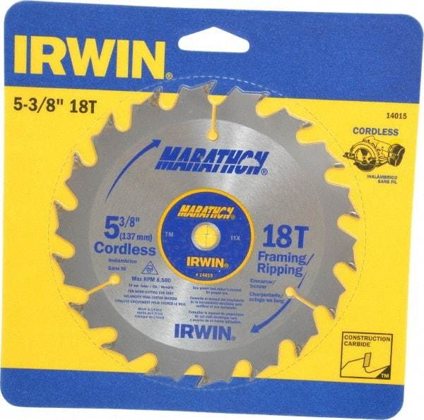 Irwin - 5-3/8" Diam, 10mm Arbor Hole Diam, 18 Tooth Wet & Dry Cut Saw Blade - Carbide-Tipped, Framing & Ripping Action, Standard Round Arbor - Top Tool & Supply