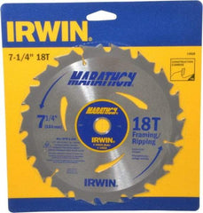 Irwin - 7-1/4" Diam, 5/8" Arbor Hole Diam, 18 Tooth Wet & Dry Cut Saw Blade - Carbide-Tipped, Framing & Ripping Action, Diamond Arbor - Top Tool & Supply