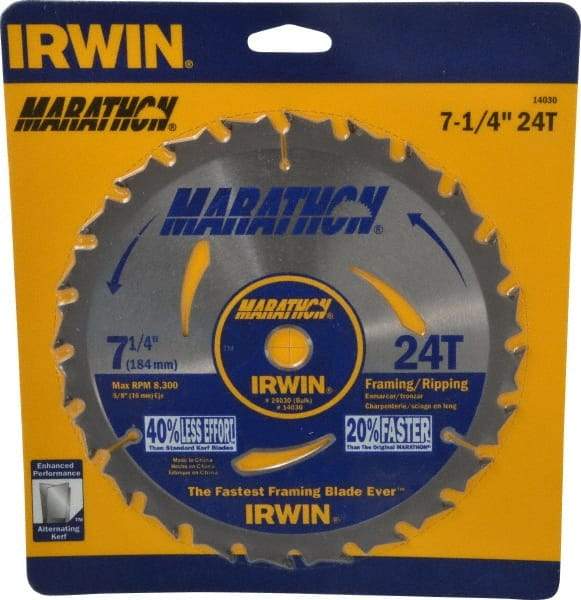 Irwin - 7-1/4" Diam, 5/8" Arbor Hole Diam, 24 Tooth Wet & Dry Cut Saw Blade - Carbide-Tipped, Framing & Ripping Action, Diamond Arbor - Top Tool & Supply