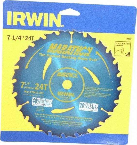 Irwin - 7-1/4" Diam, 5/8" Arbor Hole Diam, 24 Tooth Wet & Dry Cut Saw Blade - Carbide-Tipped, General Purpose Action, Diamond Arbor - Top Tool & Supply