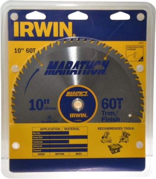 Irwin - 10" Diam, 5/8" Arbor Hole Diam, 60 Tooth Wet & Dry Cut Saw Blade - Carbide-Tipped, Finishing & Trimming Action, Standard Round Arbor - Top Tool & Supply