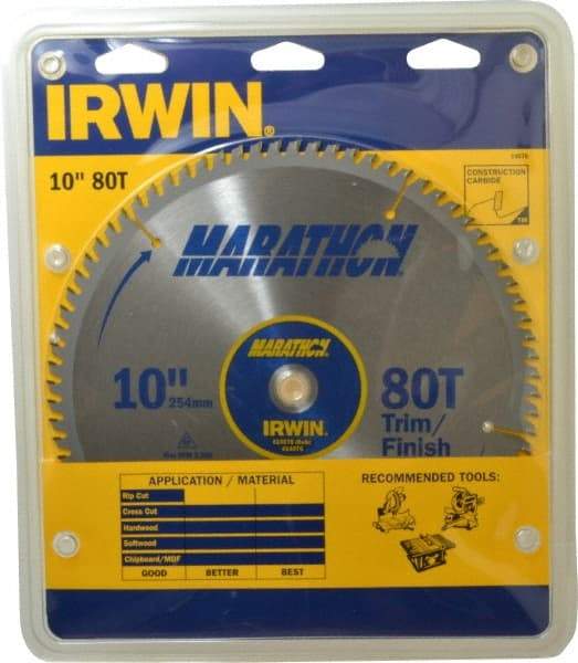 Irwin - 10" Diam, 5/8" Arbor Hole Diam, 80 Tooth Wet & Dry Cut Saw Blade - Carbide-Tipped, Finishing & Trimming Action, Standard Round Arbor - Top Tool & Supply