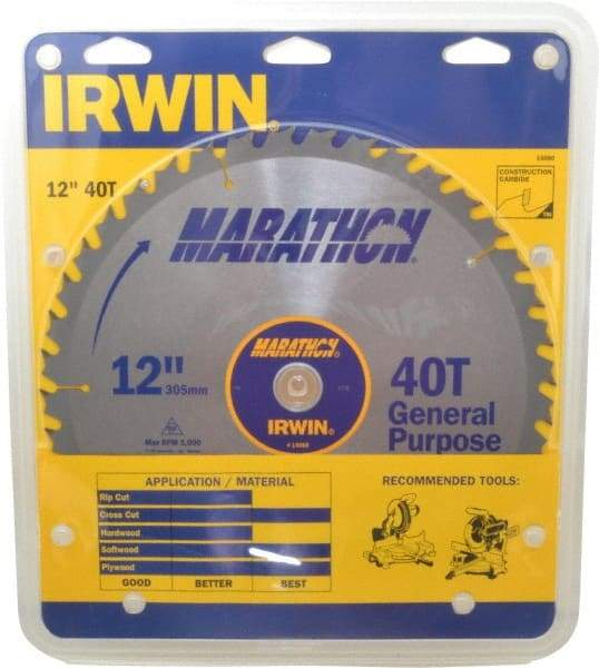 Irwin - 12" Diam, 1" Arbor Hole Diam, 40 Tooth Wet & Dry Cut Saw Blade - Carbide-Tipped, General Purpose Action, Standard Round Arbor - Top Tool & Supply