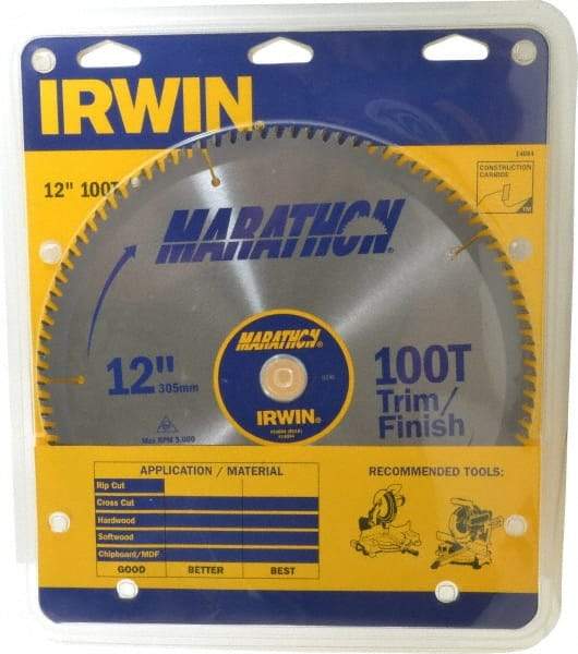 Irwin - 12" Diam, 1" Arbor Hole Diam, 100 Tooth Wet & Dry Cut Saw Blade - Carbide-Tipped, Finishing & Trimming Action, Standard Round Arbor - Top Tool & Supply