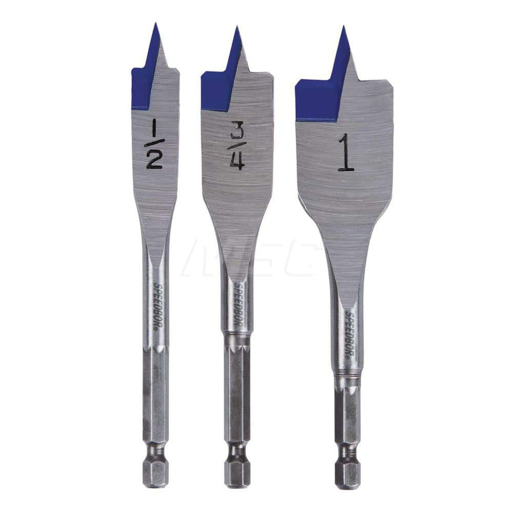 Drill Bit Set: Spade Drill Bits, 3 Pc, 1″ Drill Bit Size, Carbon Steel Bright/Uncoated, Standard, Hex Shank