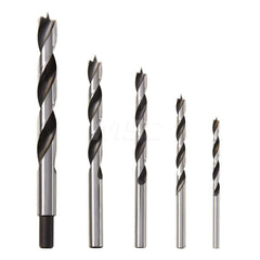 Drill Bit Set: Jobber Length Drill Bits, 5 Pc, Carbon Steel Bright/Uncoated, Brad Point, Straight Shank