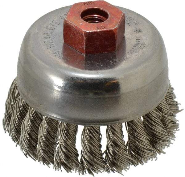 Anderson - 2-3/4" Diam, M10x1.50 Threaded Arbor, Stainless Steel Fill Cup Brush - 0.02 Wire Diam, 3/4" Trim Length, 14,000 Max RPM - Top Tool & Supply